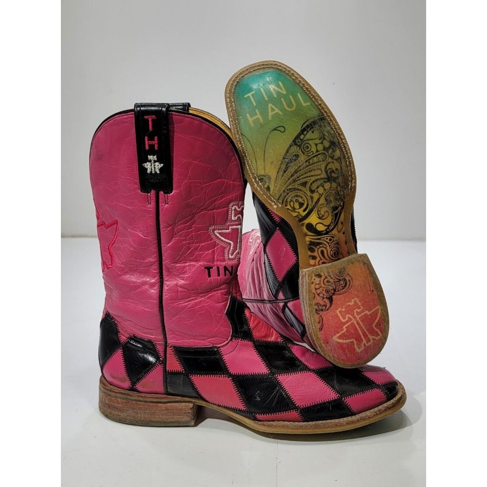 Tin Haul Pink and Black Diamond-Patterned Western Ankle Boots